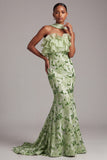Green Mermaid Strapless Ruffled Long Prom Dress with Sequins