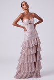 Blush Sequins Strapless Tiered Ruffled Keyhole Long Prom Dress with Side Slit