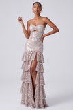 Blush Sequins Strapless Tiered Ruffled Keyhole Long Prom Dress with Side Slit