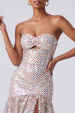 Blush Sequins Strapless Tiered Ruffled Keyhole Long Prom Dress with Side Slit