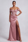 Dusty Rose Corset Off the Shoulder Satin Sheath Sequins Long Prom Dress with Beading