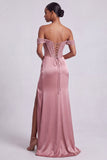 Dusty Rose Corset Off the Shoulder Satin Sheath Sequins Long Prom Dress with Beading