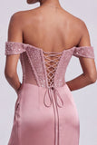 Dusty Rose Corset Off the Shoulder Satin Sheath Sequins Long Prom Dress with Beading