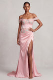 Pink Sheath Off the Shoulder Ruched Satin Floral Embroidery Long Prom Dress with Slit