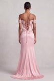 Pink Sheath Off the Shoulder Ruched Satin Floral Embroidery Long Prom Dress with Slit