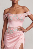 Pink Sheath Off the Shoulder Ruched Satin Floral Embroidery Long Prom Dress with Slit