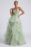 Light Green A-Line Spaghetti Straps Tiered Sequins Long Prom Dress with Appliques
