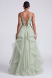 Light Green A-Line Spaghetti Straps Tiered Sequins Long Prom Dress with Appliques