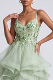 Light Green A-Line Spaghetti Straps Tiered Sequins Long Prom Dress with Appliques