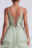 Light Green A-Line Spaghetti Straps Tiered Sequins Long Prom Dress with Appliques