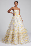 Light Yellow Corset Strapless Tiered Ruffled Long Prom Dress with Floral Appliques