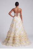 Light Yellow Corset Strapless Tiered Ruffled Long Prom Dress with Floral Appliques