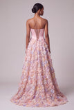 Satin Pink Corset Appliques Pearls A-Line Strapless Long Prom Dress