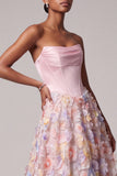 Satin Pink Corset Appliques Pearls A-Line Strapless Long Prom Dress