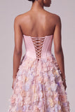 Satin Pink Corset Appliques Pearls A-Line Strapless Long Prom Dress
