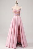 Pink Satin Strapless Floral Appliques A-Line Long Prom Dress with Side Slit