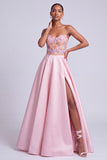 Pink Satin Strapless Floral Appliques A-Line Long Prom Dress with Side Slit