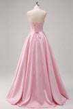Pink Satin Strapless Floral Appliques A-Line Long Prom Dress with Side Slit