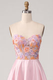 Pink Satin Strapless Floral Appliques A-Line Long Prom Dress with Side Slit