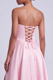 Pink Satin Strapless Floral Appliques A-Line Long Prom Dress with Side Slit