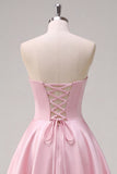Pink Satin Strapless Floral Appliques A-Line Long Prom Dress with Side Slit