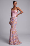 Corset Pink Strapless Satin Mermaid Pearls Floral Appliques Long Prom Dress