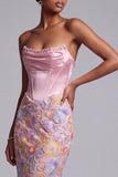 Corset Pink Strapless Satin Mermaid Pearls Floral Appliques Long Prom Dress