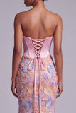 Corset Pink Strapless Satin Mermaid Pearls Floral Appliques Long Prom Dress