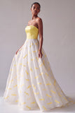 Yellow Satin A-Line Strapless Jacquard Long Prom Dress