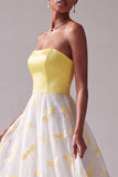 Yellow Satin A-Line Strapless Jacquard Long Prom Dress