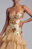 Gold Cut Out Strapless Tiered Ruffled Organza Sequins Long Prom Dress