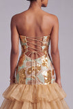 Gold Cut Out Strapless Tiered Ruffled Organza Sequins Long Prom Dress