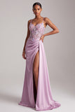 Light Purple Floral Appliques Corset Ruched Satin Long Prom Dress with Slit