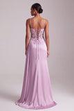 Light Purple Floral Appliques Corset Ruched Satin Long Prom Dress with Slit