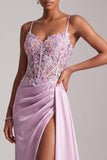 Light Purple Floral Appliques Corset Ruched Satin Long Prom Dress with Slit