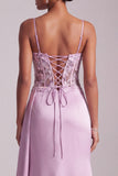 Light Purple Floral Appliques Corset Ruched Satin Long Prom Dress with Slit