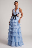 Light Blue V-Neck Floral Appliques Chiffon Tiered Ruffled Tulle Long Prom Dress with Bow