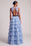 Light Blue V-Neck Floral Appliques Chiffon Tiered Ruffled Tulle Long Prom Dress with Bow