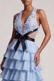 Light Blue V-Neck Floral Appliques Chiffon Tiered Ruffled Tulle Long Prom Dress with Bow
