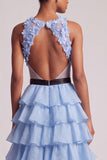 Light Blue V-Neck Floral Appliques Chiffon Tiered Ruffled Tulle Long Prom Dress with Bow