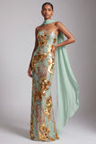 Strapless Gold Sheath Sequins Long Prom Dress with Chiffon Draping