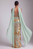Strapless Gold Sheath Sequins Long Prom Dress with Chiffon Draping
