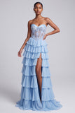 Light Blue Satin Corset Sheer Chiffon Tiered Ruffled Long Prom Dress with Slit