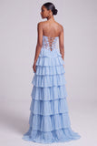 Light Blue Satin Corset Sheer Chiffon Tiered Ruffled Long Prom Dress with Slit