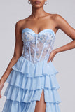 Light Blue Satin Corset Sheer Chiffon Tiered Ruffled Long Prom Dress with Slit