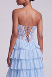 Light Blue Satin Corset Sheer Chiffon Tiered Ruffled Long Prom Dress with Slit
