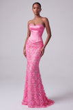 Hot Pink Mermaid Satin Sequins Embroidery Rhinestone Strapless Long Prom Dress