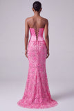 Hot Pink Mermaid Satin Sequins Embroidery Rhinestone Strapless Long Prom Dress