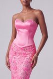 Hot Pink Mermaid Satin Sequins Embroidery Rhinestone Strapless Long Prom Dress