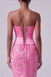 Hot Pink Mermaid Satin Sequins Embroidery Rhinestone Strapless Long Prom Dress